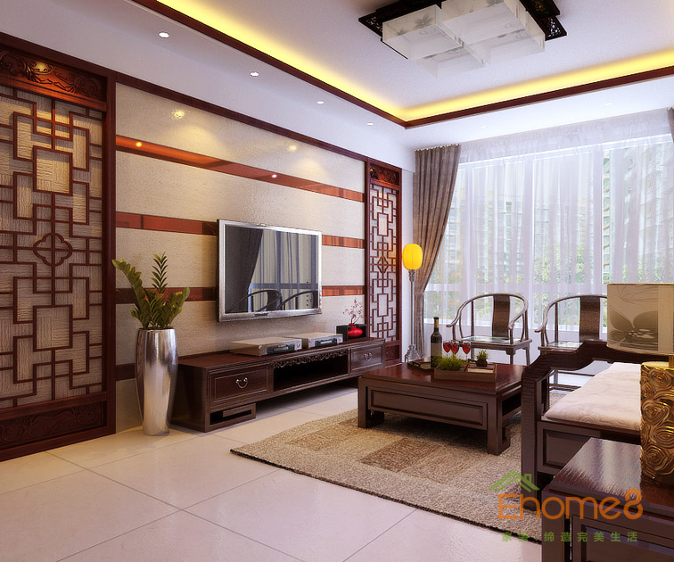 72㎡兩房一廳中式原木風格客廳裝修效果圖555