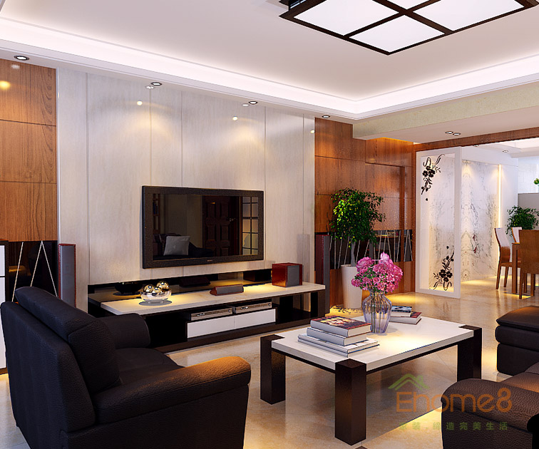 119㎡三房一廳中式風(fēng)格客廳茶幾電視裝修效果圖