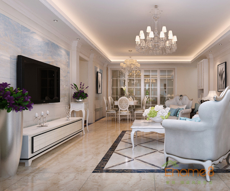 106㎡三房一廳歐式風格客廳全景裝修效果圖