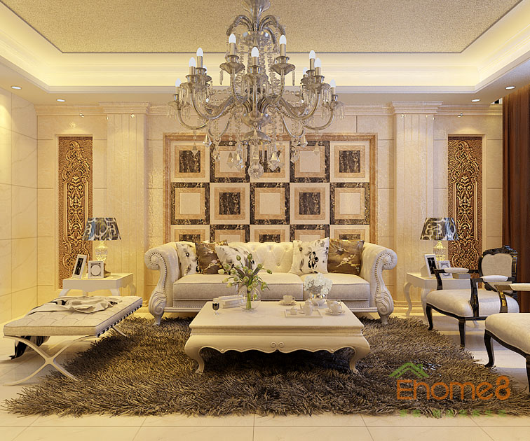 72㎡兩房一廳歐洲風(fēng)格客廳吊燈沙發(fā)墻裝修效果圖