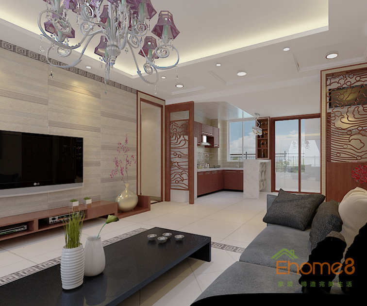 72㎡兩房一廳中式風格客廳吊燈裝修效果圖